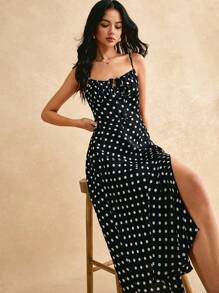 Poéselle 波卡圓點前打結高衩吊帶洋裝 - 黑色 - 查看 6