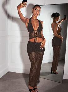 SHEIN BAE Black Sheer Lace Halter Criss-Cross Tie Up Corset, Elegant Festival, Concert, Beach Dress, Low Rise Skirt, Lace Top Set, Sexy And Graceful Party/Afternoon Tea Outfit