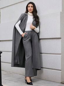 Modelyn 2 件套女士连帽斗篷外套搭配休闲真口袋裤子，秋冬 2 件套 - 灰色 - 查看 3