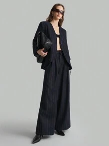 Ontre Women's Black & White Pinstripe Retro Style Loose Blazer & Pants Suit, Office Wear