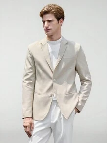 Manfinity VCAY 男士梭织拼接商务休闲风翻领长袖亚麻布西装外套适合日常搭配 - 杏色 - 查看 1