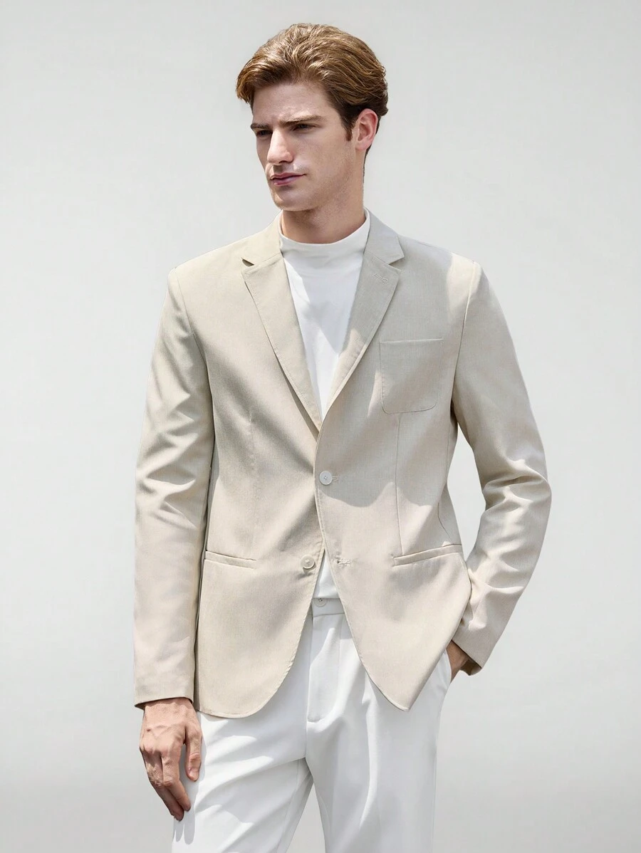 Manfinity VCAY 男士梭织拼接商务休闲风翻领长袖亚麻布西装外套适合日常搭配 - 杏色 - 查看 1