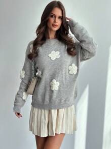 SHEIN Privé Pull gris ample, simple et décontracté avec décor floral romantique, pour l'automne/hiver - Gris - Voir 4