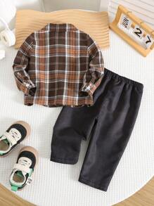 SHEIN 2pcs Baby Boy Retro Check Pattern Lapel Long Sleeve Cardigan Shirt And Elastic Waist Long Pants Set, Soft & Comfortable, Casual Sports Style, Suitable For School, All-Match Versatile, Indoor And Outdoor , Fall Clothes - Brown - View 2