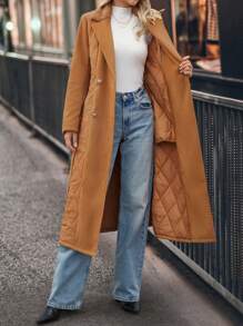 SHEIN LUNE Abrigo casual de invierno para mujer de unicolor, con cuello de solapa, doble botonadura y relleno, para otoño