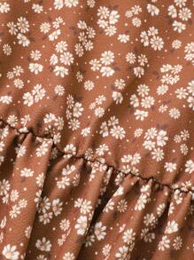 Tween Girls Ditsy Floral Round Neck Dress And Asymmetrical Vest Set - Brown - View 5