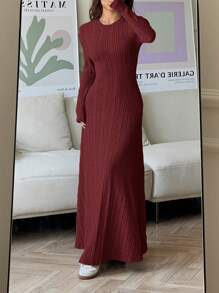 SHEIN EZwear Váy len dệt kim màu trơn cổ tròn dài thường ngày cho nữ, mùa thu/đông - Màu Đỏ Sâu - Xem 4