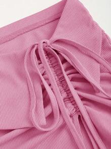 Sweetra Y2K 女款纯色抽绳系带腰部不对称下摆半身裙 - 粉色 - 查看 4