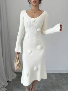 Chiquease Vestido de suéter de manga larga con cuello en V de un solo color confeccionado a mano a ganchillo - Beis - Ver 4