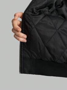 Ontre Women's Solid Black Long Sleeve Zip-Up Baseball Collar Padded Coat, Winter