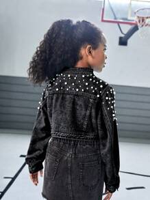 Explorewe Chaqueta vaquera brillante con decoración de tachuelas y perlas para niñas preadolescentes Y2K, adecuada para uso diario y presentaciones de moda - Negro - Ver 2