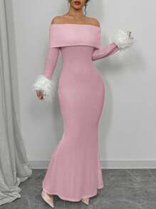 Elenzga Vestido largo elegante con hombros descubiertos y puños esponjosos, color rosa - Rosa - Ver 5