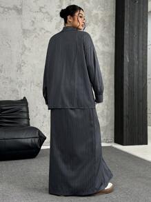 SHEIN EZwear 大码纯色前扣长袖休闲上衣和裤子两件套 - 深灰色 - 查看 2