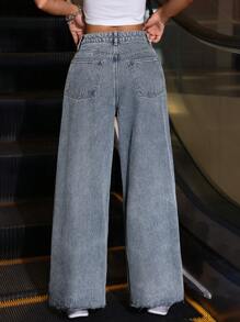 SHEIN EZwear Slant Pocket Wide Leg Jeans - Medium Wash - View 5