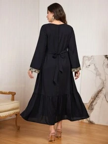 Al Najma Plus Size Long Sleeve Round Neck Ribbon Patchwork Elegant Party Dress Maxi Women Outfit