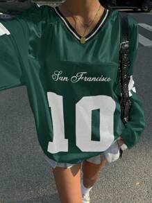 Muchica 女士新款 V 领休闲运动男友风字母与图案拼接超大宽松苔绿色长袖 T 恤