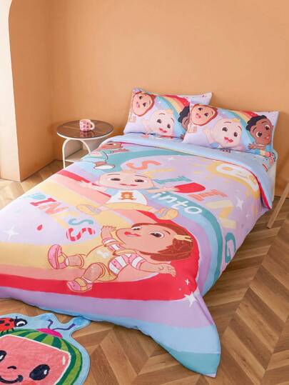 CoComelon X SHEIN 3pc Watermelon Cartoon Character And Letter Printed Bedding Set, Three-Piece Set, Suitable For Multiple Sizes