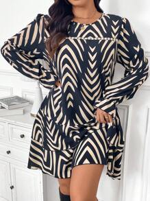 SHEIN Frenchy Vestido con estampado geométrico, parches de encaje y volantes en el bajo para tallas grandes