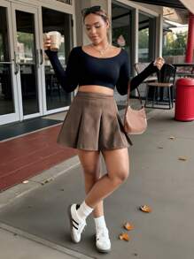 Calvaya 大码女式纯色褶皱短休闲裙 - 卡其色 - 查看 1