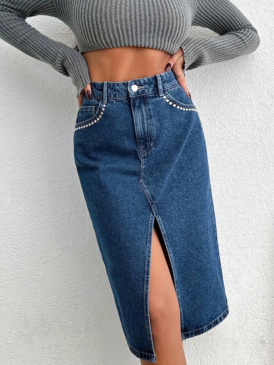 EURMUSE HIGH RISE DROP DETAILED MIDI SKIRT WITH FRONT SLIT - Dark Wash - View 1