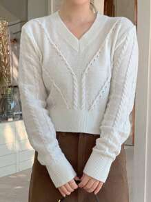 DAZY Casual Versatile Solid Color Short V-Neck Long Sleeve Women Sweater,Fall Clothes - White - View 5