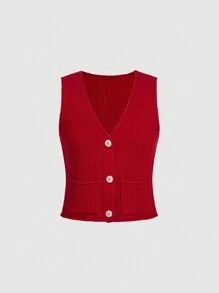 SHEIN MOD Gestricktes V-Ausschnitt einfarbiges Knopf Tasche Crop Top, Outfits, Familienoutfits, Pullover, Damenpullover, Knopfverschluss vorne, ärmelos, modisch, vielseitig, minimalistischer Strickpullover - Bordeaux - Übersicht 1