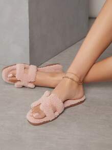 SHUZIA All-Time Women's Soft Cozy Warm Plush Luxe-Inspired Harness Cutout Open Toe Fleece Pink Slide Slippers Summer Shoes Spring Shoes Spring Break Easter Vacation Shoes Casual Shoes Beach Shoes Mother's Day Present