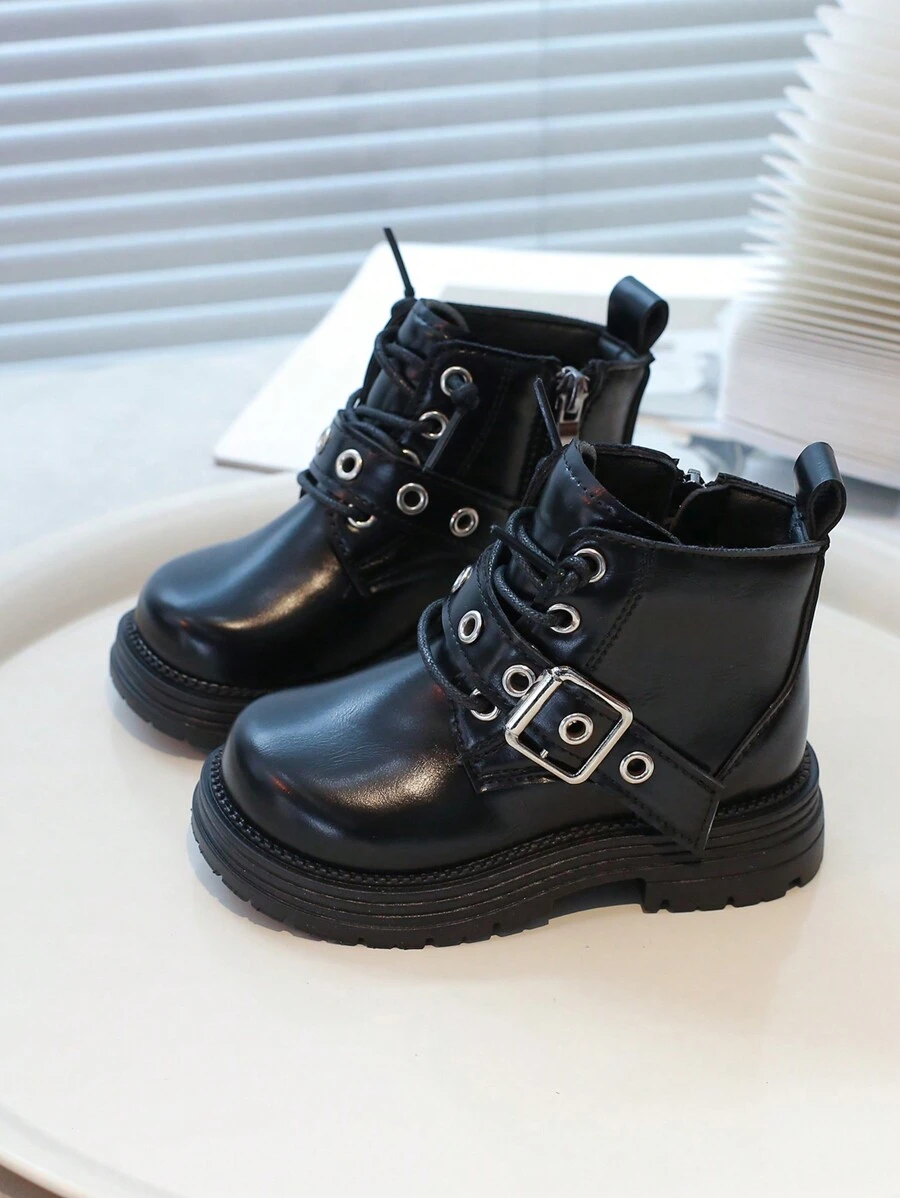 1 双女童黑色侧拉链时尚靴子，百搭户外鞋 - 黑色 - 查看 1