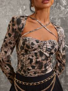 COSMINA 1pc Women Autumn Stylish Leopard Print Slim Fit Top - Multicolor - View 9