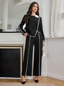 Modelyn Bộ 2 món áo và quần họa tiết hoa 3D tương phản dành cho nữ, thiết kế tối giản, 2 món - Đen và trắng - Xem 8