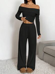 SHEIN EZwear Conjunto informal de mujer de camisa de manga larga en escote bardot y pantalones de punto negro
