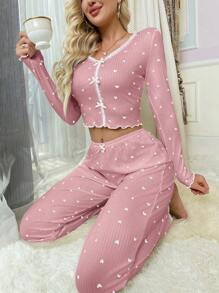 SHEIN Bow Decor Heart Print Form Fitting Women Pajama Set, Fall Winter Clothes - Pink - View 6
