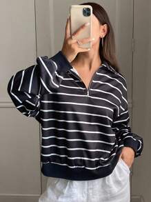 DAZY Sweat-shirt-shirt ample à manches longues avec col polo et fermeture éclair, rayures contrastées, vêtements pour femmes en automne - Bleu marine - View 3