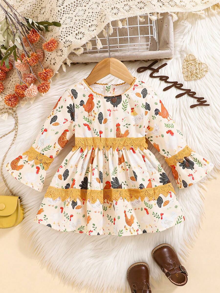 Vestido casual, elegante y vintage de uso diario para niñas bebé con estampado rústico de granja y aves de corral para otoño - Multicolor - Ver 1
