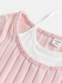 SHEIN Lunivi Tween-Mädchen Schlaghose mit Denim-Effekt-Print, Schmetterlingsdekor und ärmellosem Neckholder-Top, lässiges 2-teiliges Set für Jugendliche