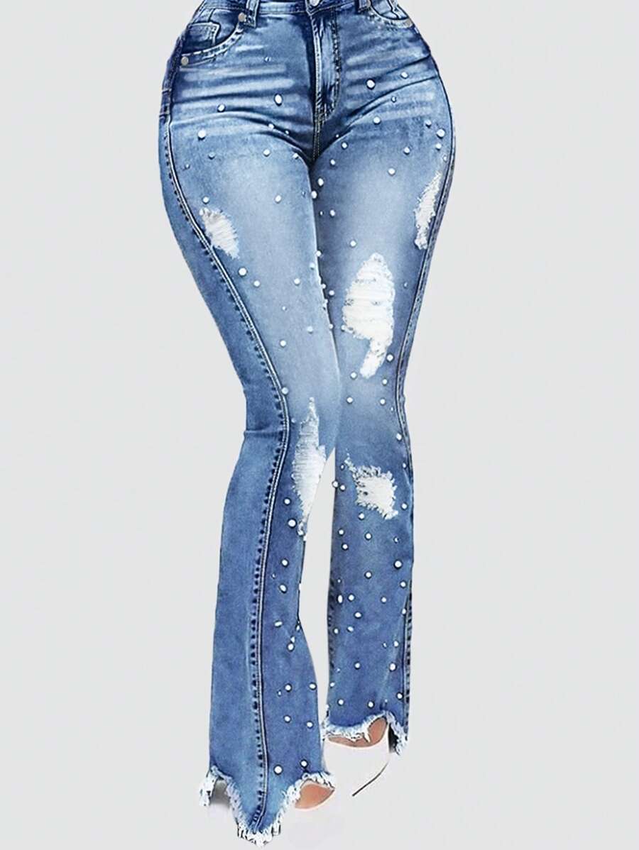 Women's Pearl Jeans, High Waisted Stretch Ripped Distressed Denim Pants,Flared Jeans For Women - Rửa nhẹ - Xem 1