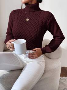 RueChic Sweater Turtleneck Polos Kasual Wanita, Musim Gugur/Dingin - Burgundy - View 5