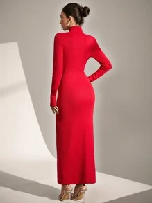 RueChic Robe moulante côtelée rouge extra longue - Rouge - Voir 2