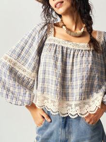 Bohemela Dames Casual Geweven Geruit Contrasterende Kanten Bies Vierkante Hals Losse Blouse