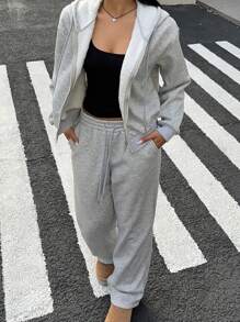 Muchica Cozy Fleece Mega Drop Shoulder Zip Hoodie-Heather - Light Grey - View 6