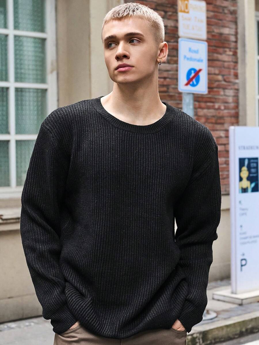 Manfinity Roghcode Áo len chui đầu cổ tròn màu trơn thường ngày cho nam màu đen - Màu xám đen - Xem 1