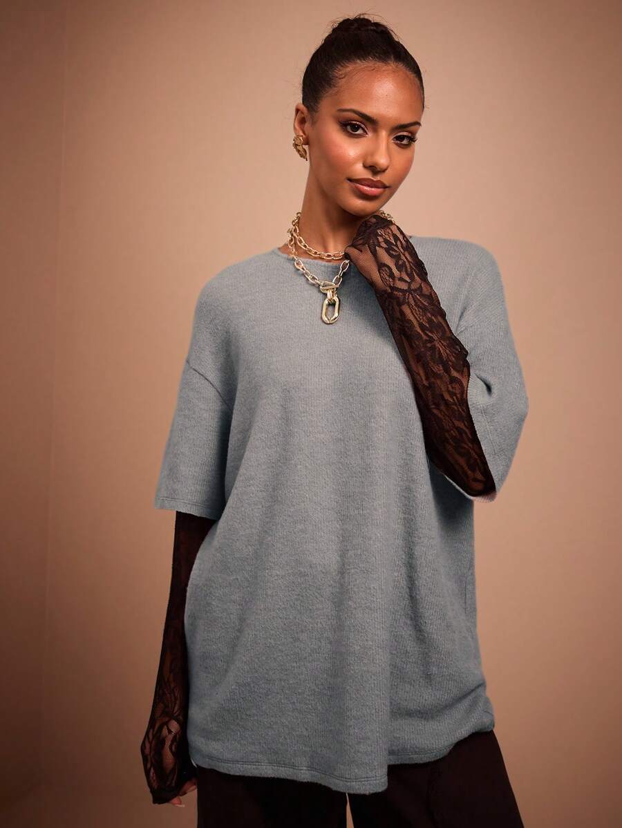 COSMINA Women's Autumn/Winter Crew Neck Lace Contrast 2 In 1 T-Shirt - Grey - View 1