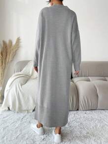 EURMUSE Solid Color V-Neck Drop Shoulder Sweater Dress - Grey - View 2