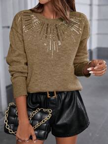 SHEIN Clasi Áo len dài tay cổ tròn trễ vai cỡ lớn đính sequin tương phản cho nữ, thời trang và đa năng cho mùa thu/đông - màu nâu - Xem 1