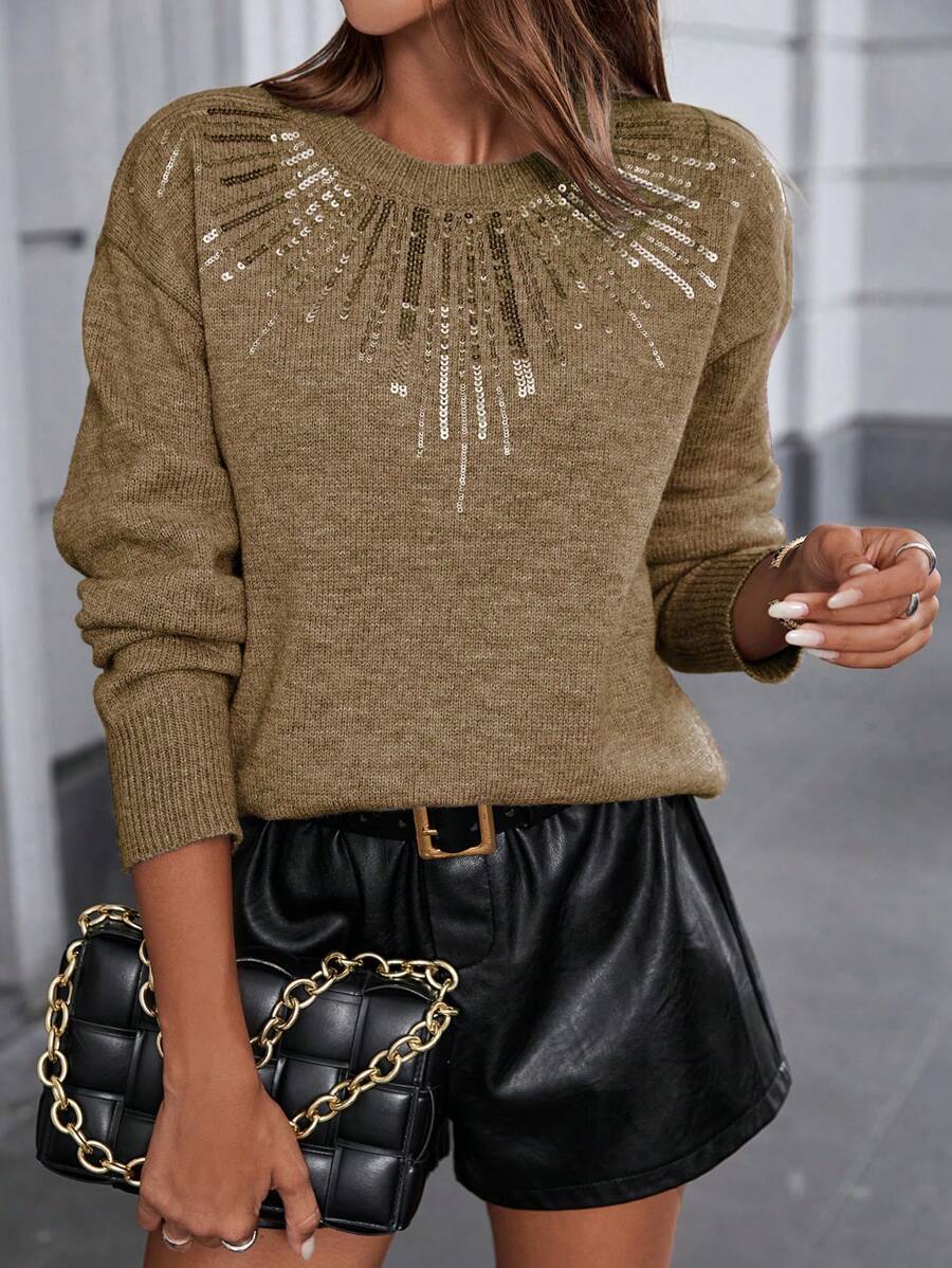 SHEIN Clasi Áo len dài tay cổ tròn trễ vai cỡ lớn đính sequin tương phản cho nữ, thời trang và đa năng cho mùa thu/đông - màu nâu - Xem 1