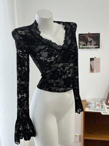DAZY Women's Deep V-Neck Long Sleeve Ruffle Trim Casual Slim Fit Lace Tee Sheer