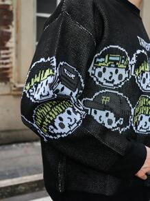 Manfinity Hypemode Men's Cartoon Pattern Round Neck Casual Loose Knitted Sweater, Autumn/Winter - Black - View 3