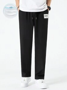 Manfinity Hypemode Men Letter Patched Drawstring Waist Straight Leg Trousers - Black - View 1