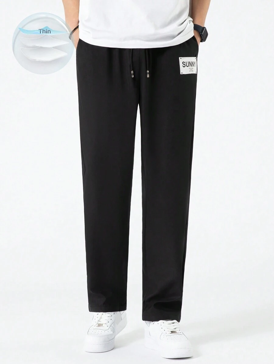 Manfinity Hypemode Men Letter Patched Drawstring Waist Straight Leg Trousers - Black - View 1