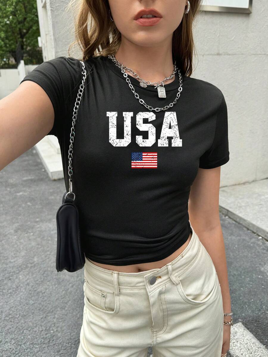 SHEIN EZwear Áo thun crop top tay ngắn phong cách Y2K cho bé, in hình cờ Mỹ, thích hợp cho mùa hè - màu đen - Xem 1